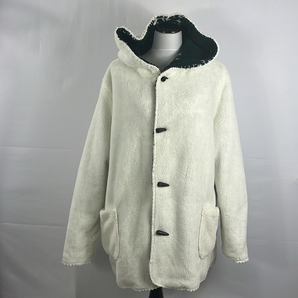 Vintage Nordic Lights Snowflake Green/White Fleece Hooded Reversible Jacket XXL - Picture 10 of 15